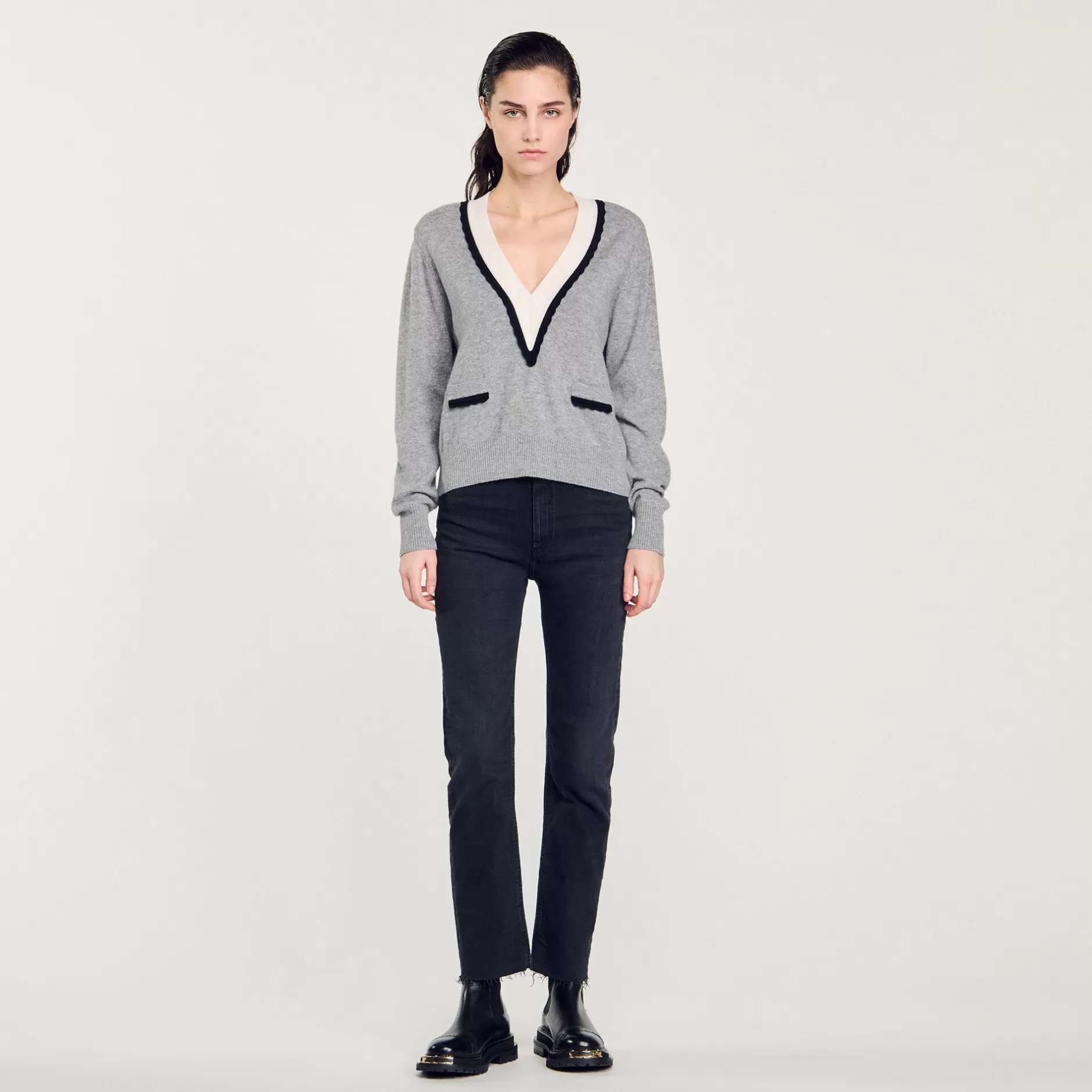 Sandro Pullover Con Scollo A V A Contrasto<Donna Maglieria & Cardigan