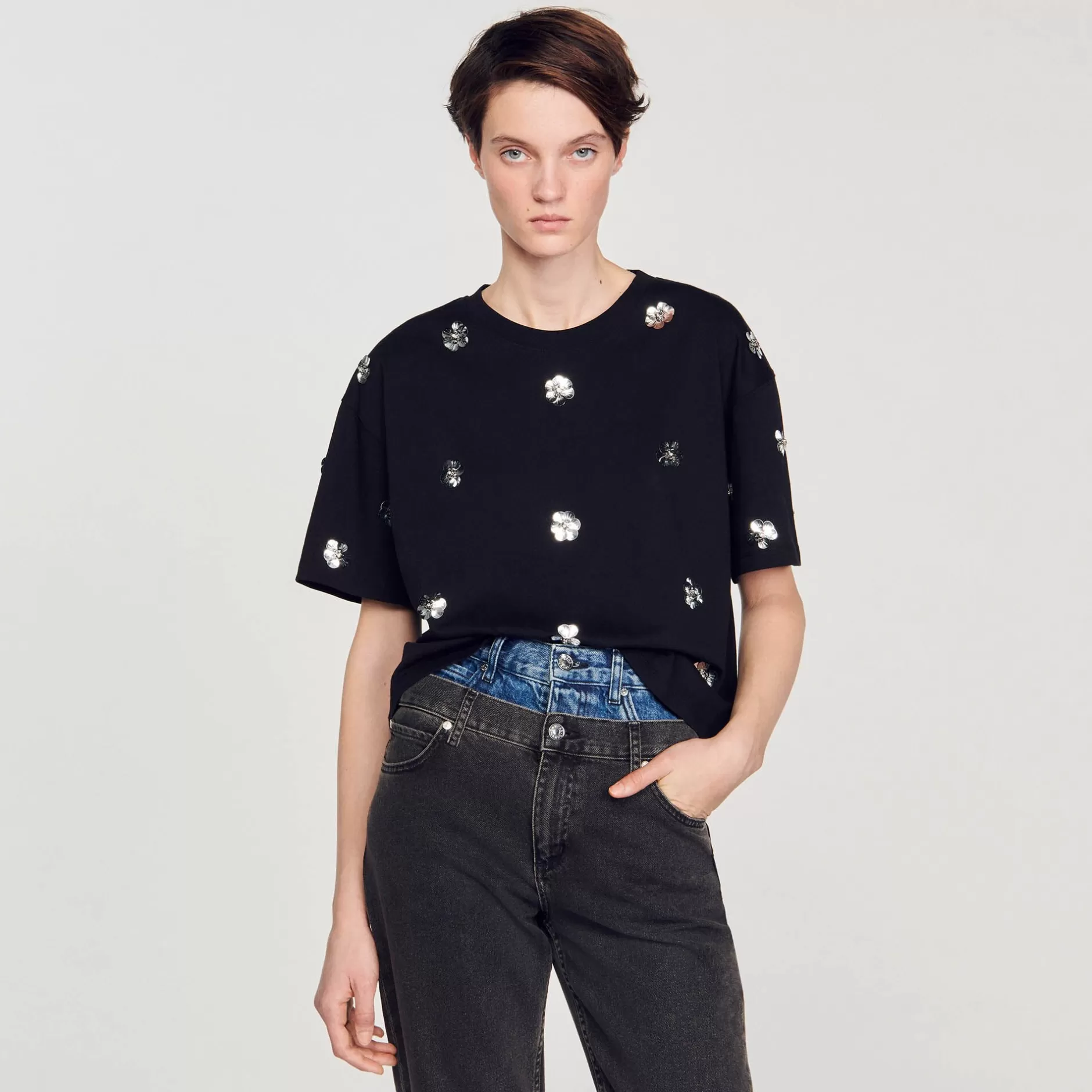 Sandro T-shirt Decorata Con Lustrini A Fiori<Donna Magliette