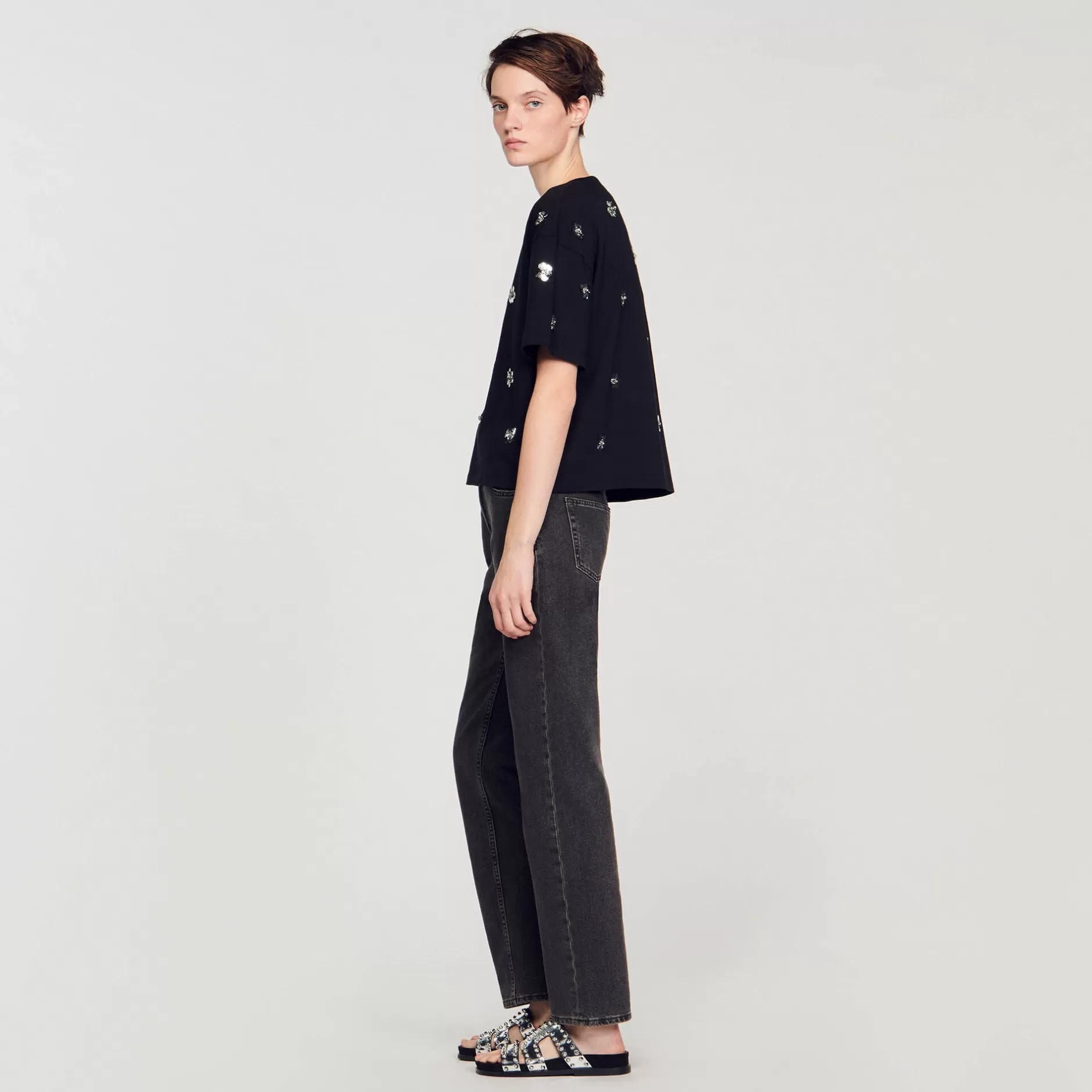 Sandro T-shirt Decorata Con Lustrini A Fiori<Donna Magliette